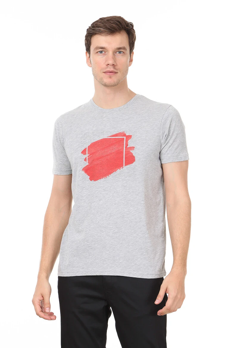 Açık Gri Baskılı %100 Pamuk T-Shirt - 1