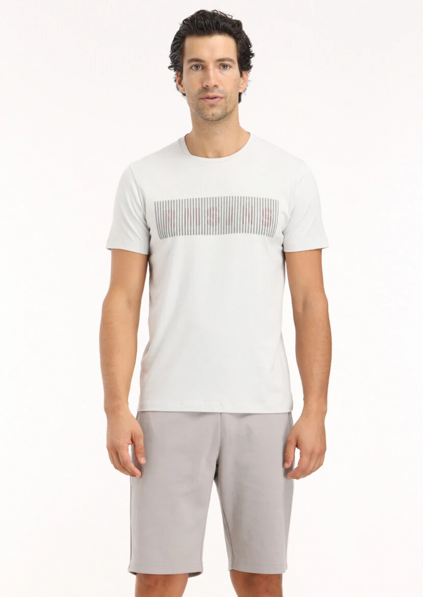 Açık Gri Baskılı Bisiklet Yaka %100 Pamuk T-Shirt - 2