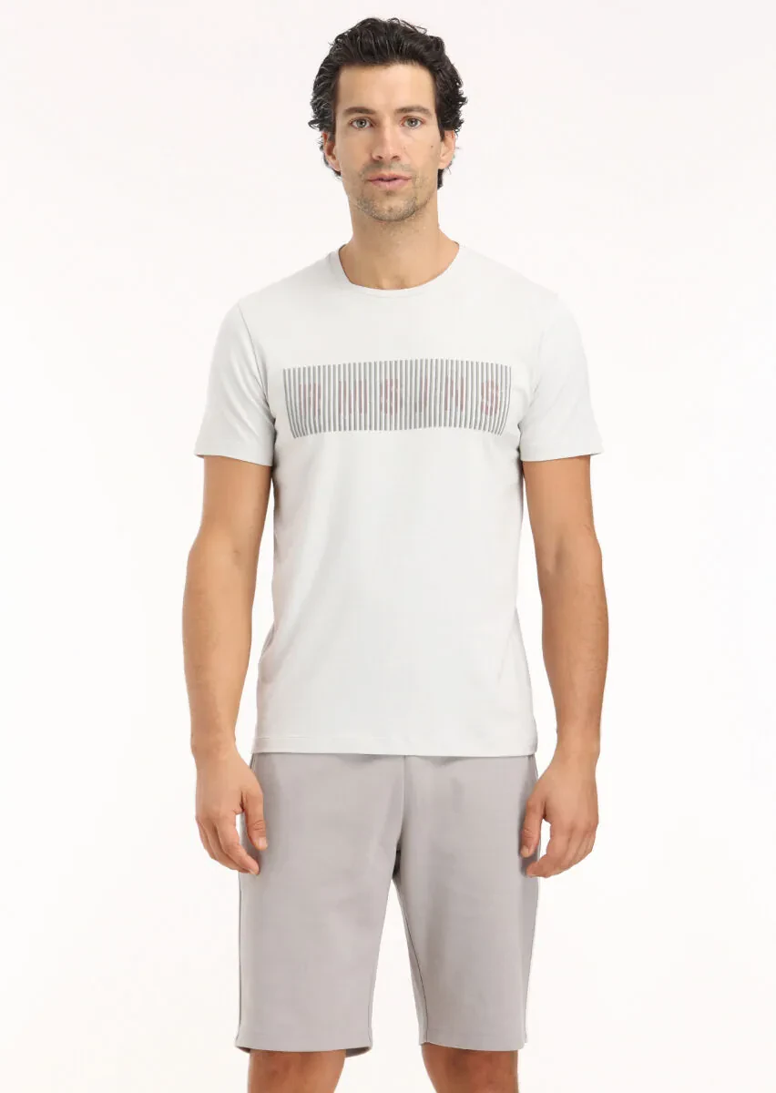 Açık Gri Baskılı Bisiklet Yaka %100 Pamuk T-Shirt - 2