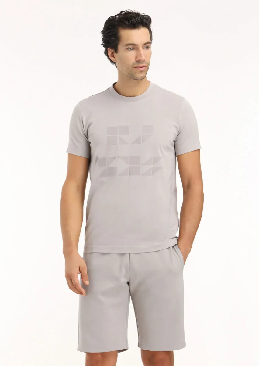 Açık Gri Baskılı Bisiklet Yaka %100 Pamuk T-Shirt - 2