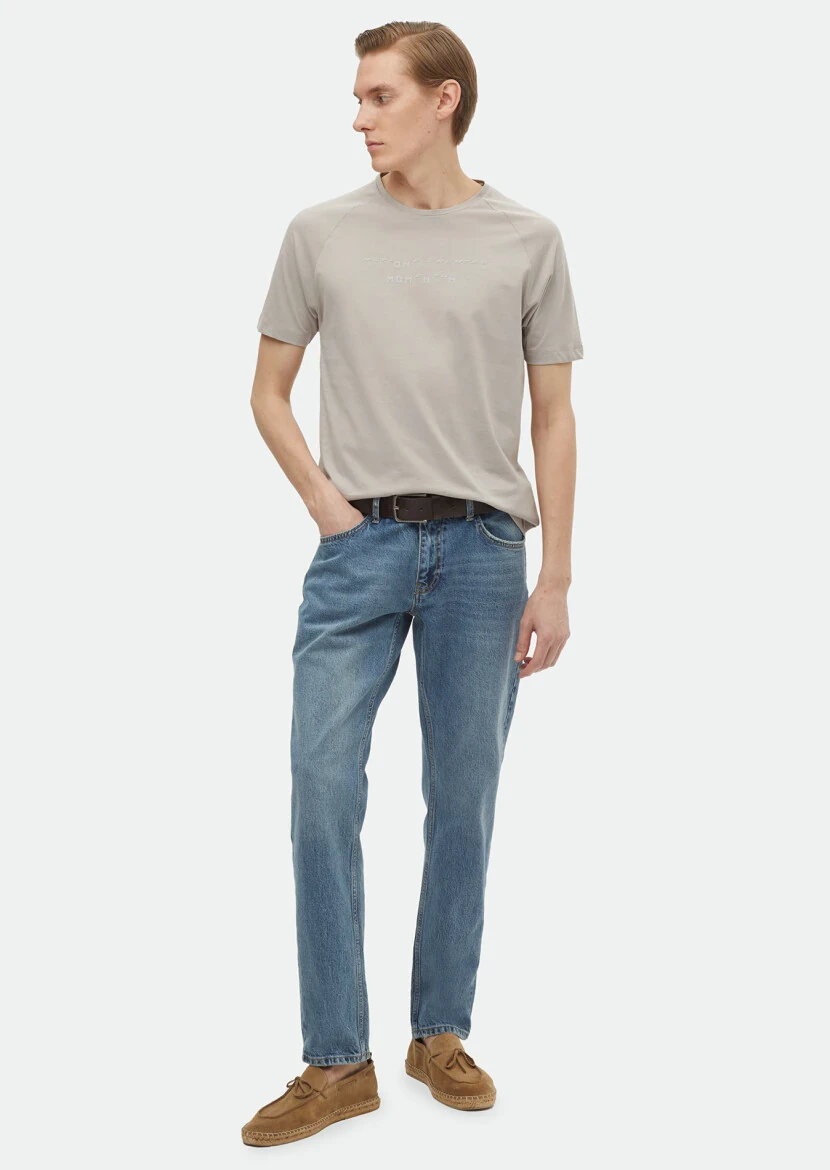 Açık Gri Baskılı Bisiklet Yaka %100 Pamuk T-Shirt 