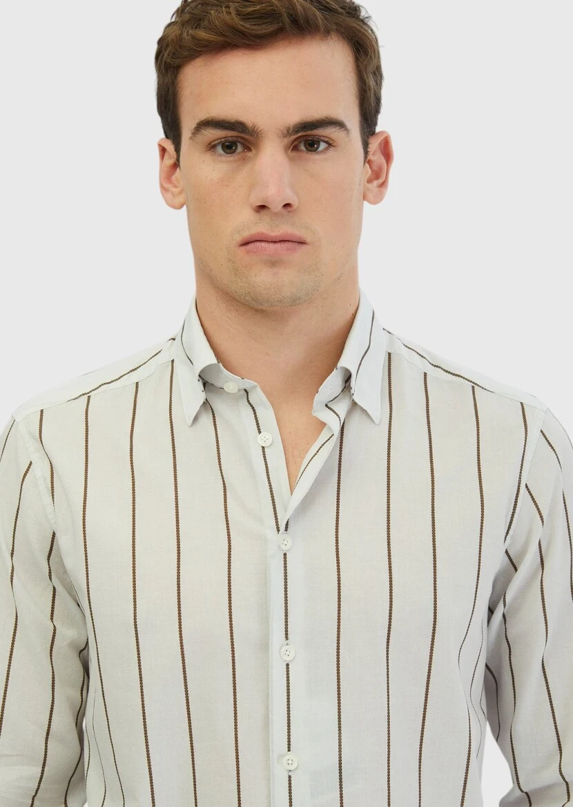 Açık Gri Baskılı Casual Fit Dokuma Casual %100 Pamuk Gömlek - 3