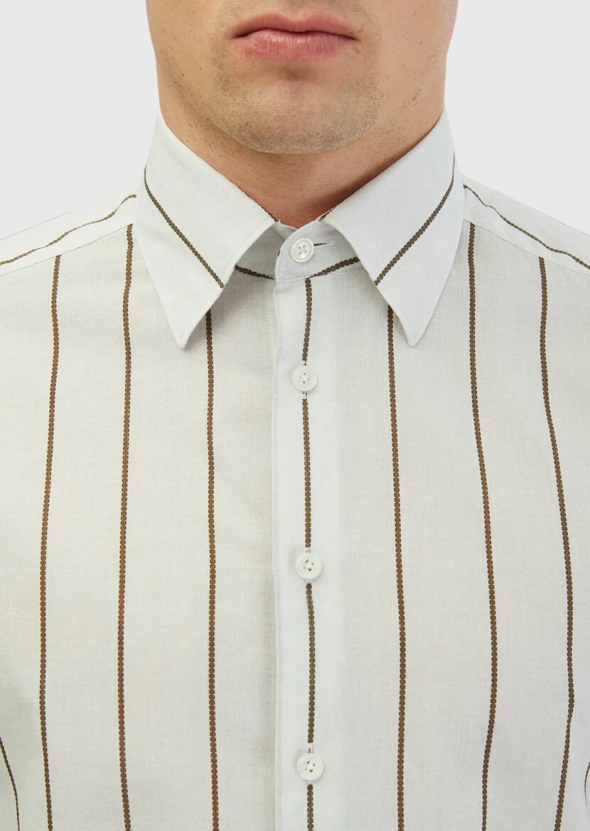 Açık Gri Baskılı Casual Fit Dokuma Casual %100 Pamuk Gömlek - 5