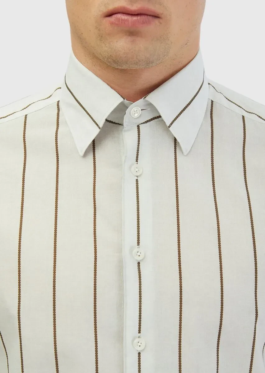 Açık Gri Baskılı Casual Fit Dokuma Casual %100 Pamuk Gömlek - 5