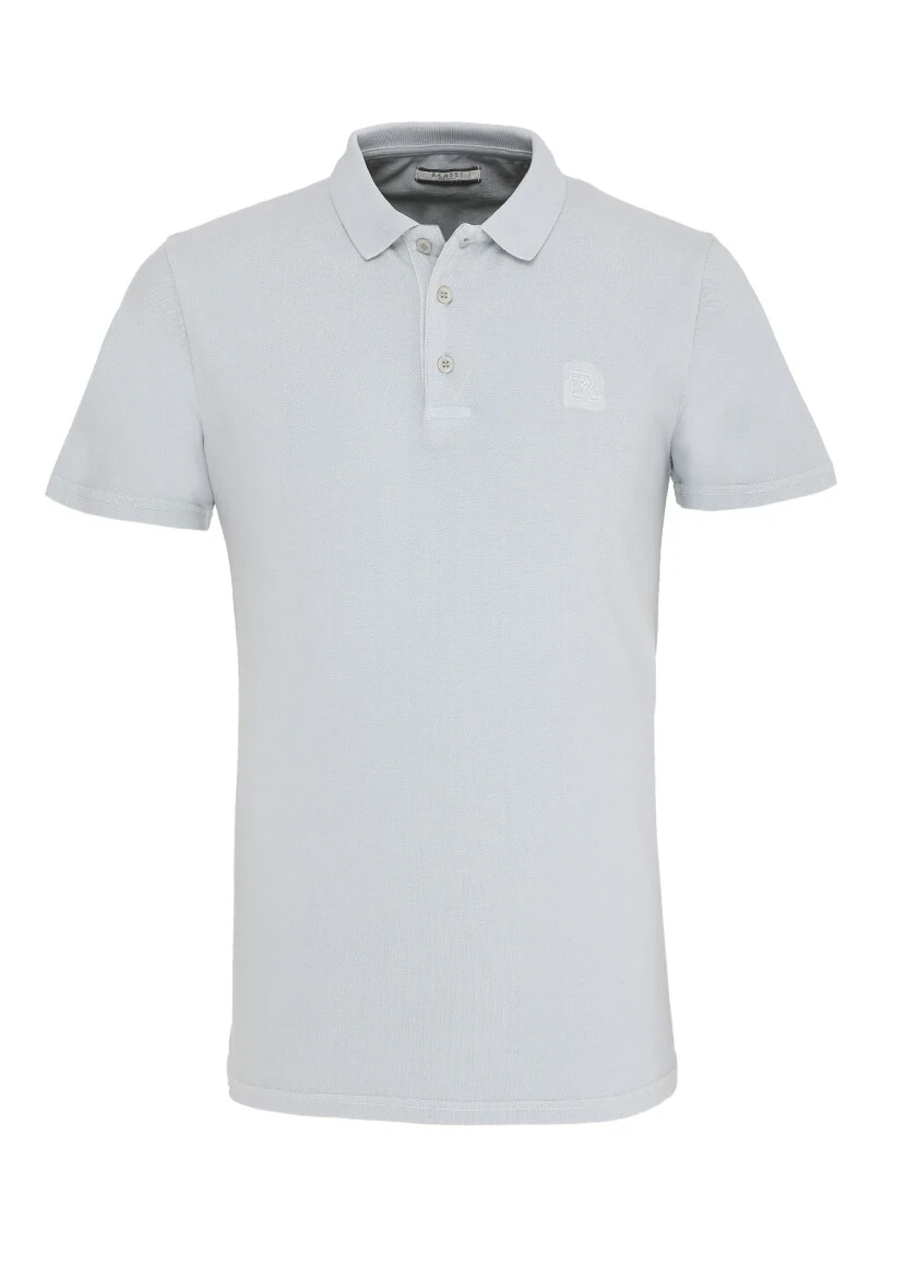 Açık Gri Baskılı Polo Yaka %100 Pamuk T-Shirt - 1