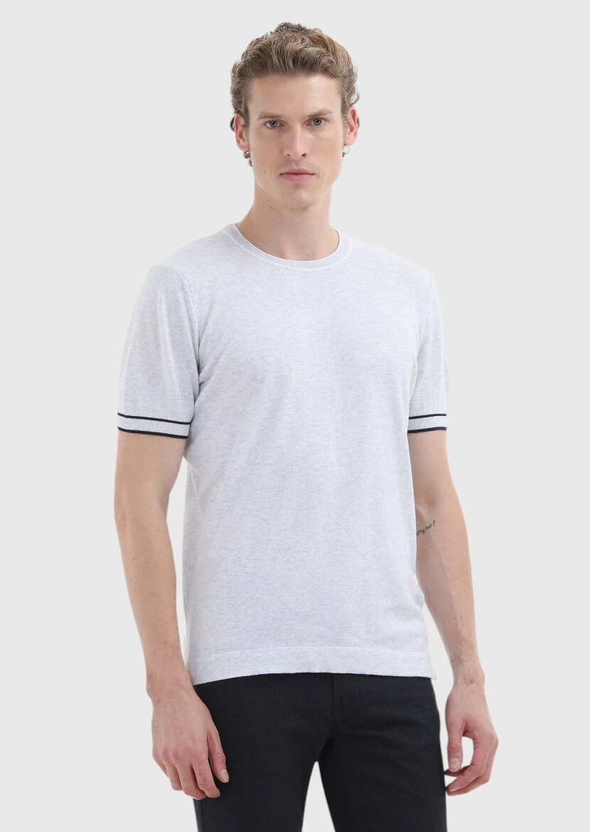 Açık Gri Bisiklet Yaka Düz Örgü %100 Pamuk Triko 