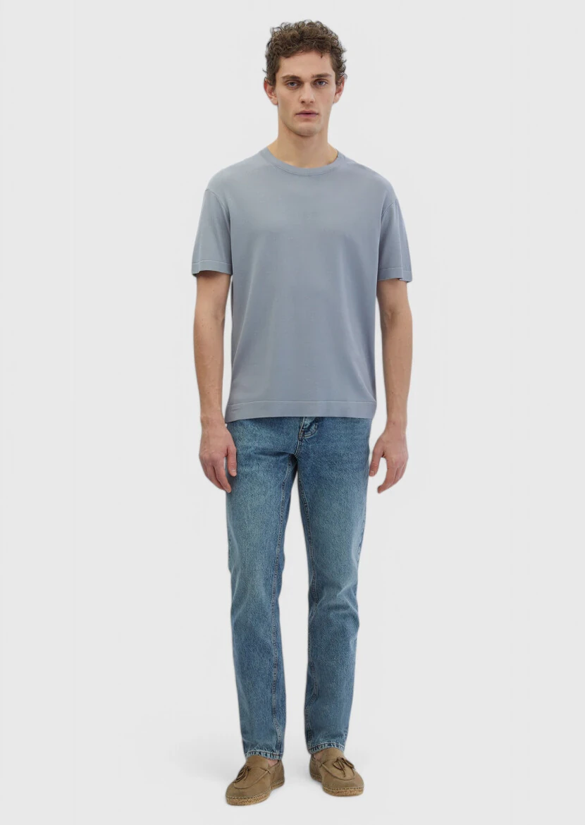 Açık Gri Bisiklet Yaka Düz Örgü Triko - 1