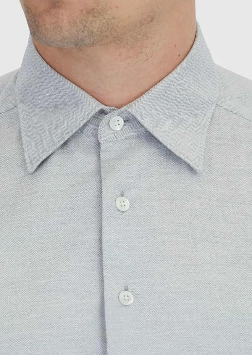 Açık Gri Desenli Casual Fit Dokuma Casual %100 Pamuk Gömlek - 4