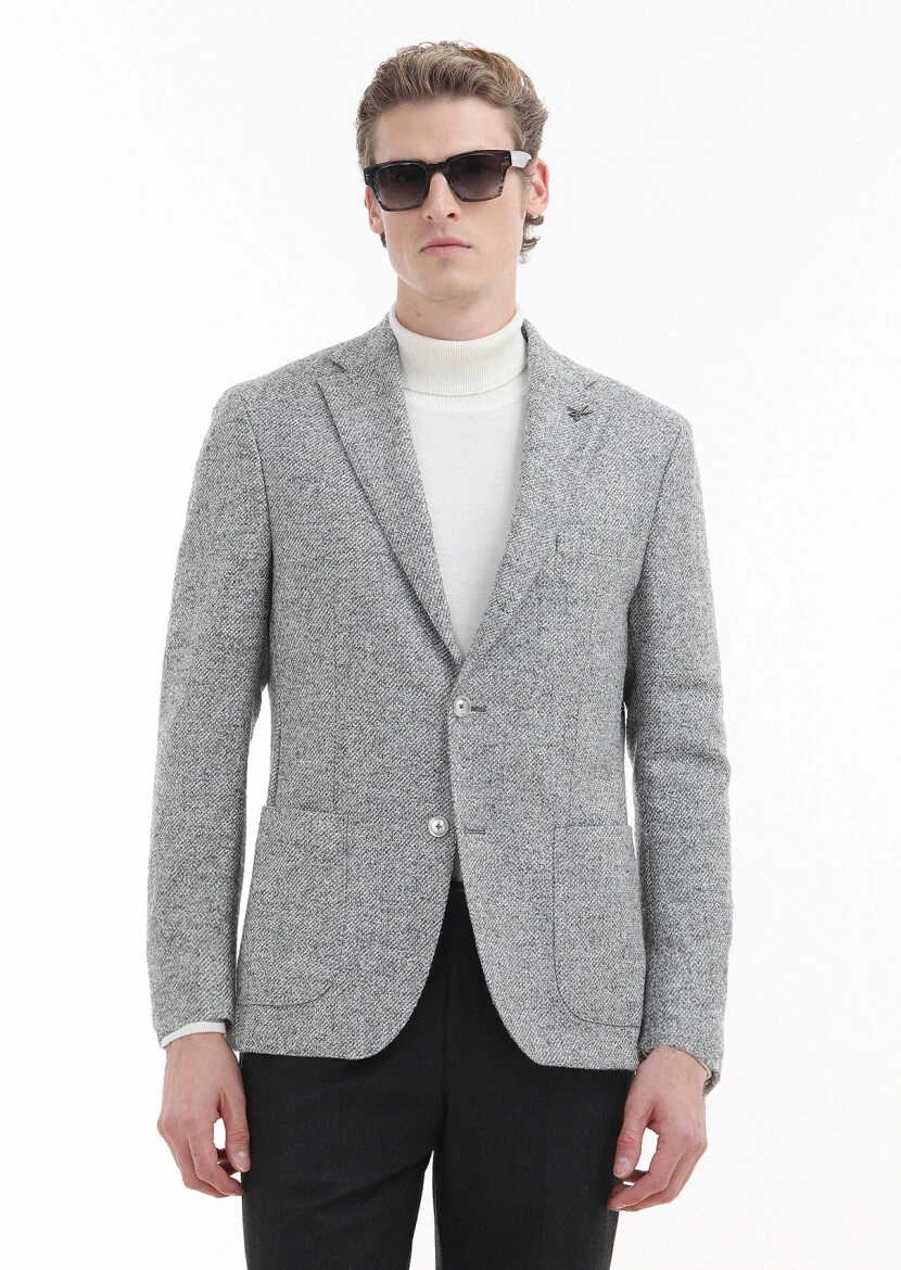 Açık Gri Desenli Shirt Shoulder Slim Fit %100 Yün Örme Ceket - RAMSEY