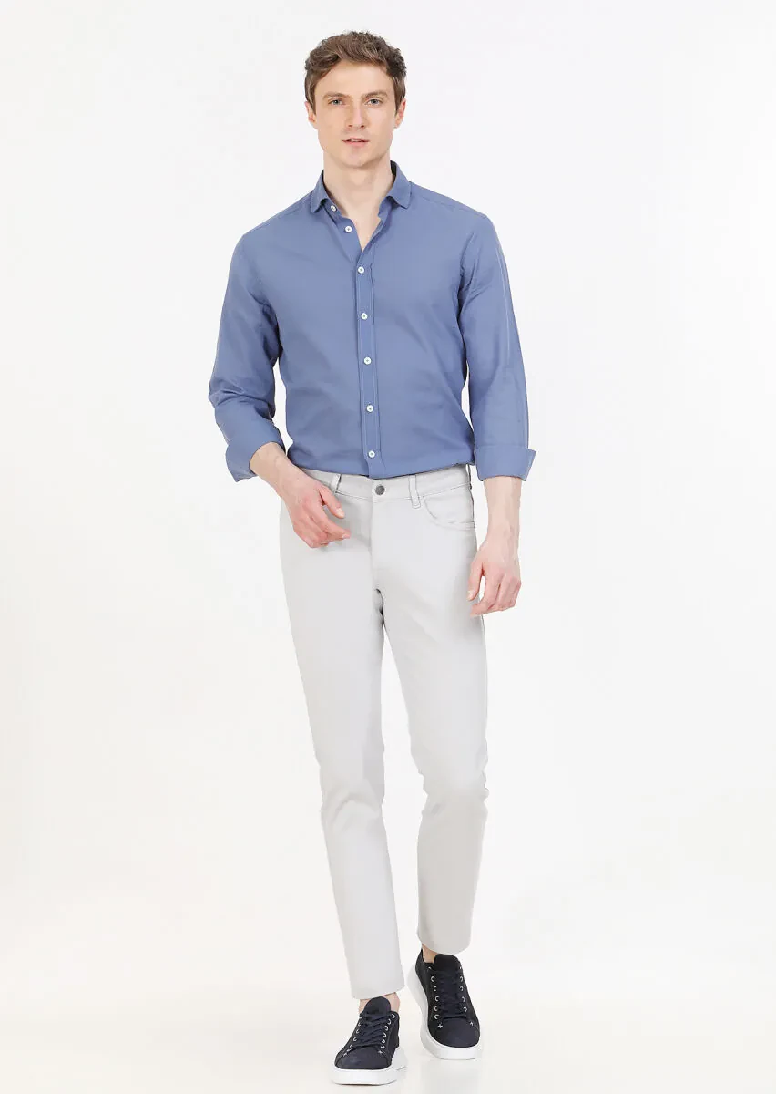 Açık Gri Düz Dokuma Slim Fit Casual Pamuk Karışımlı Pantolon - 5