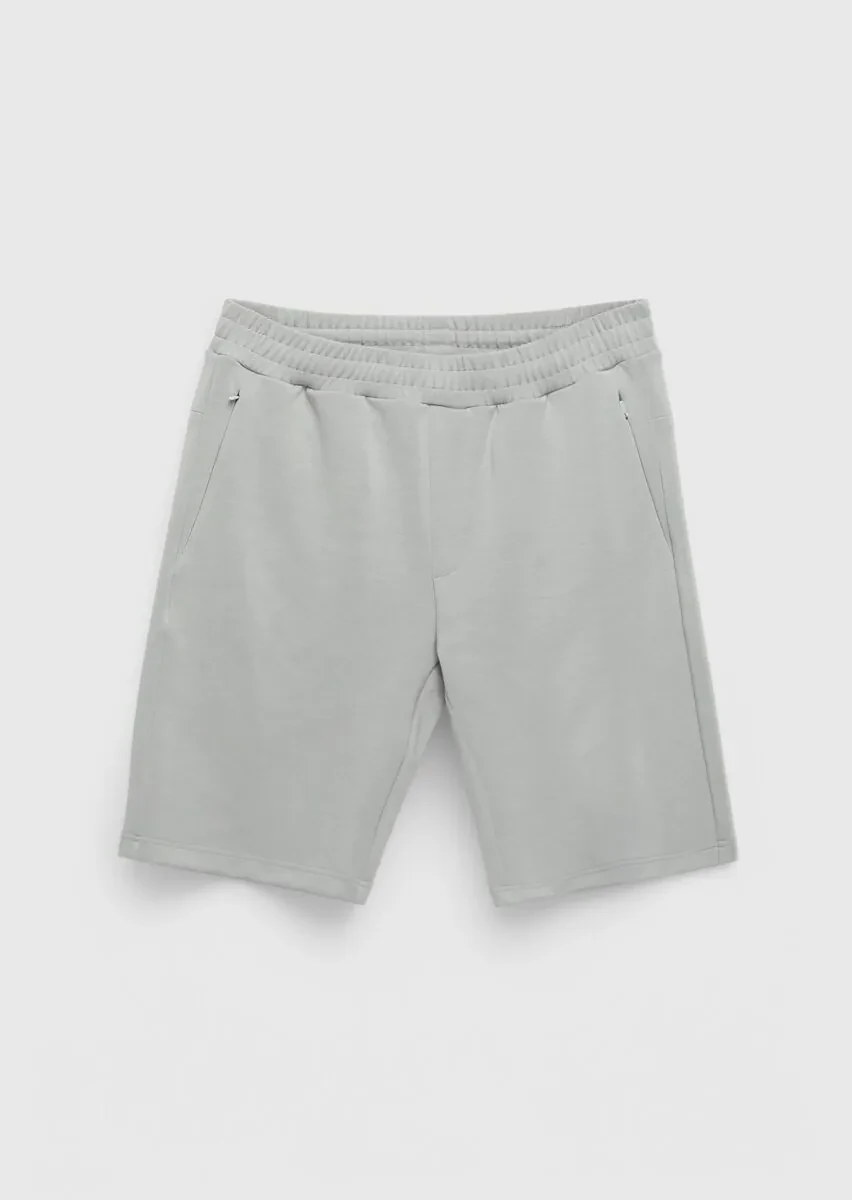 Açık Gri Düz Örme Jogging Fit Spor Bermuda - 5