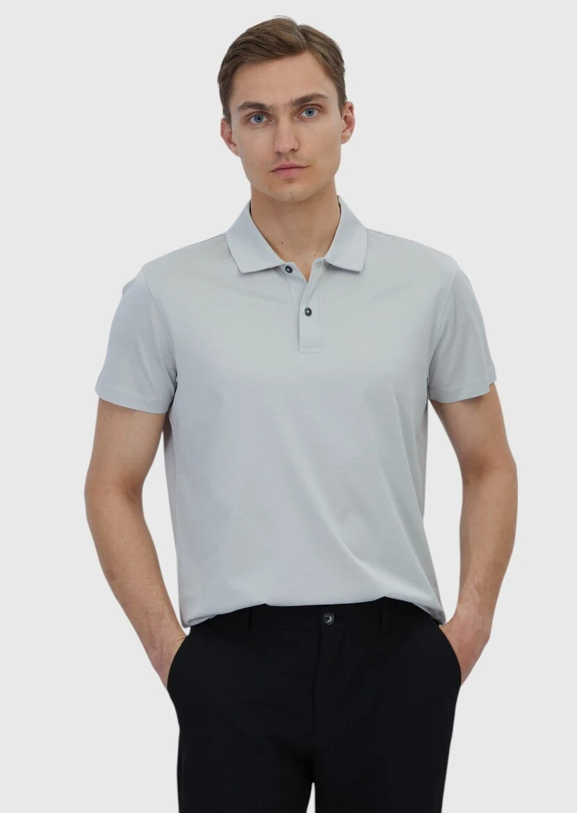 Açık Gri Düz Polo Yaka %100 Pamuk T-Shirt - RAMSEY