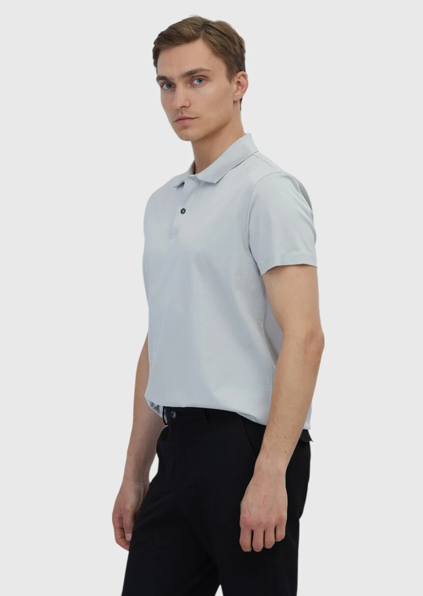 Açık Gri Düz Polo Yaka %100 Pamuk T-Shirt - 3