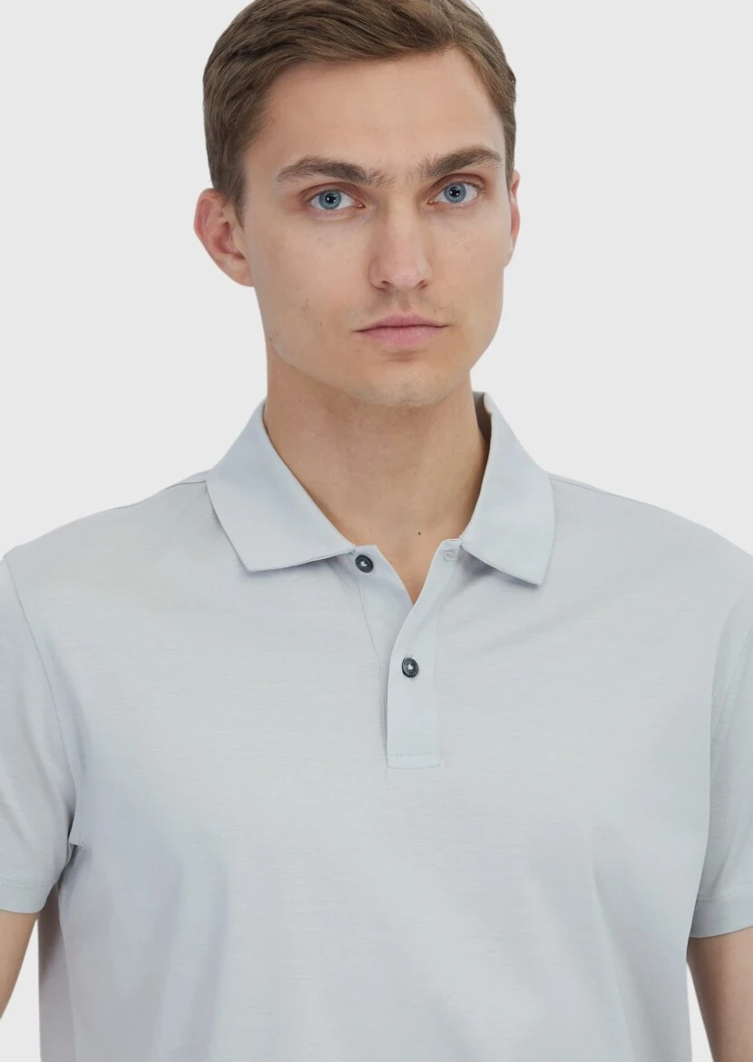 Açık Gri Düz Polo Yaka %100 Pamuk T-Shirt - 4