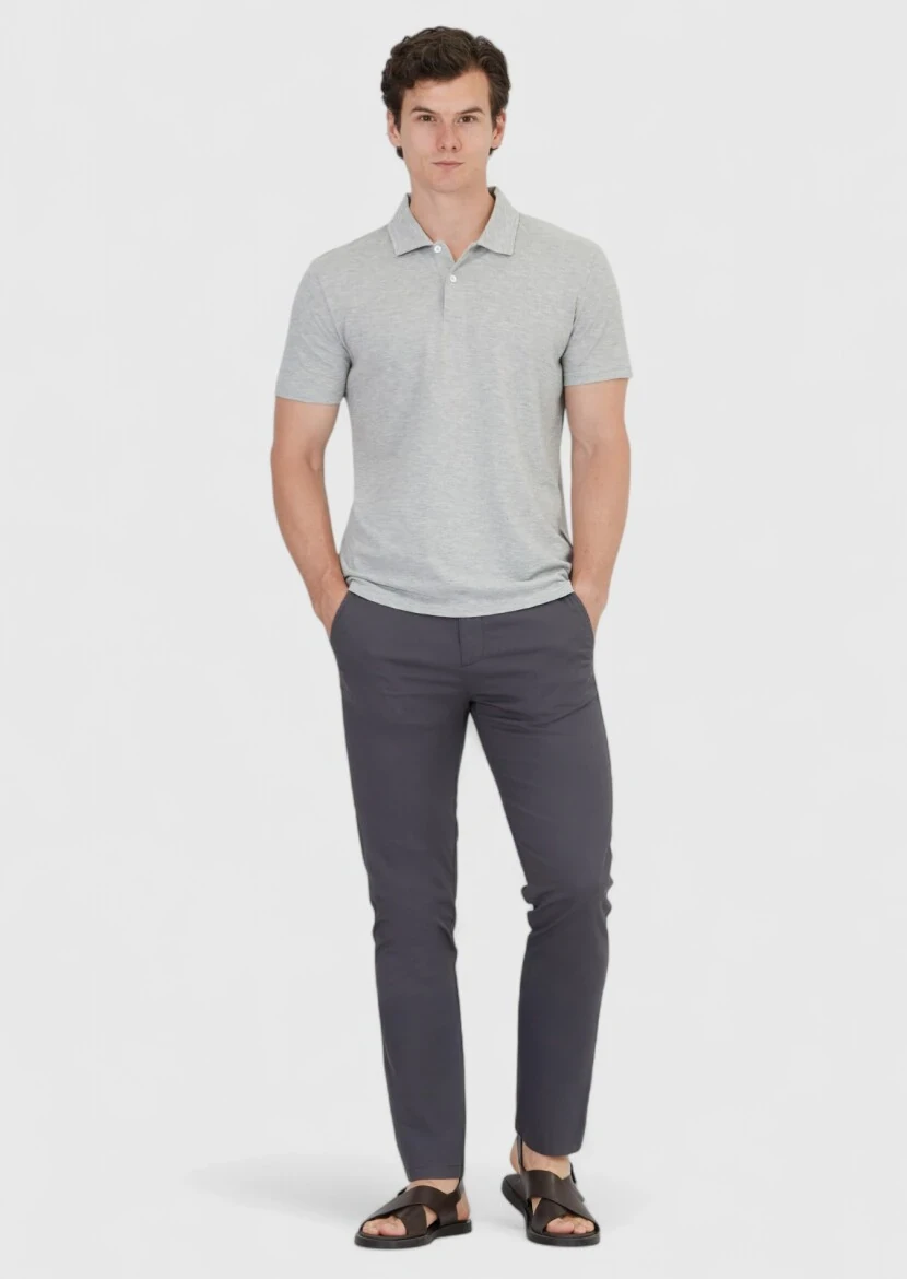Açık Gri Düz Polo Yaka %100 Pamuk T-Shirt - 2