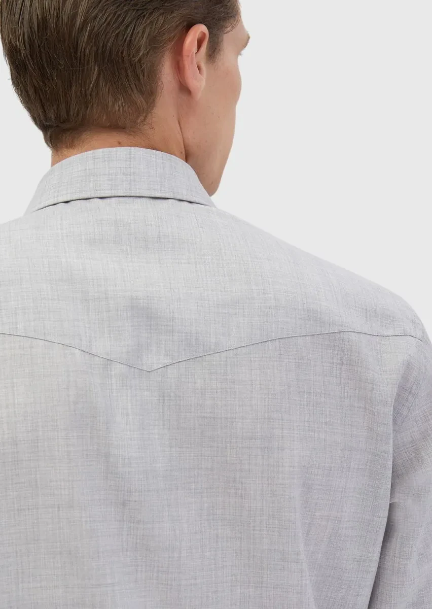 Açık Gri Düz Regular Fit Dokuma Klasik %100 Yün Gömlek - 6
