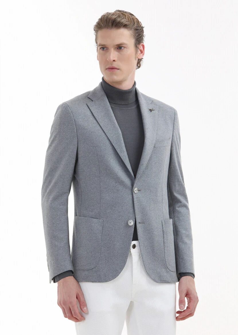 Açık Gri Düz Shirt Shoulder Slim Fit %100 Yün Örme Ceket - RAMSEY