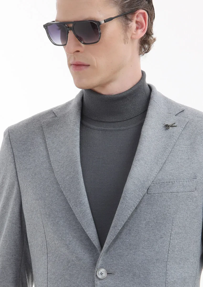 Açık Gri Düz Shirt Shoulder Slim Fit %100 Yün Örme Ceket - 4