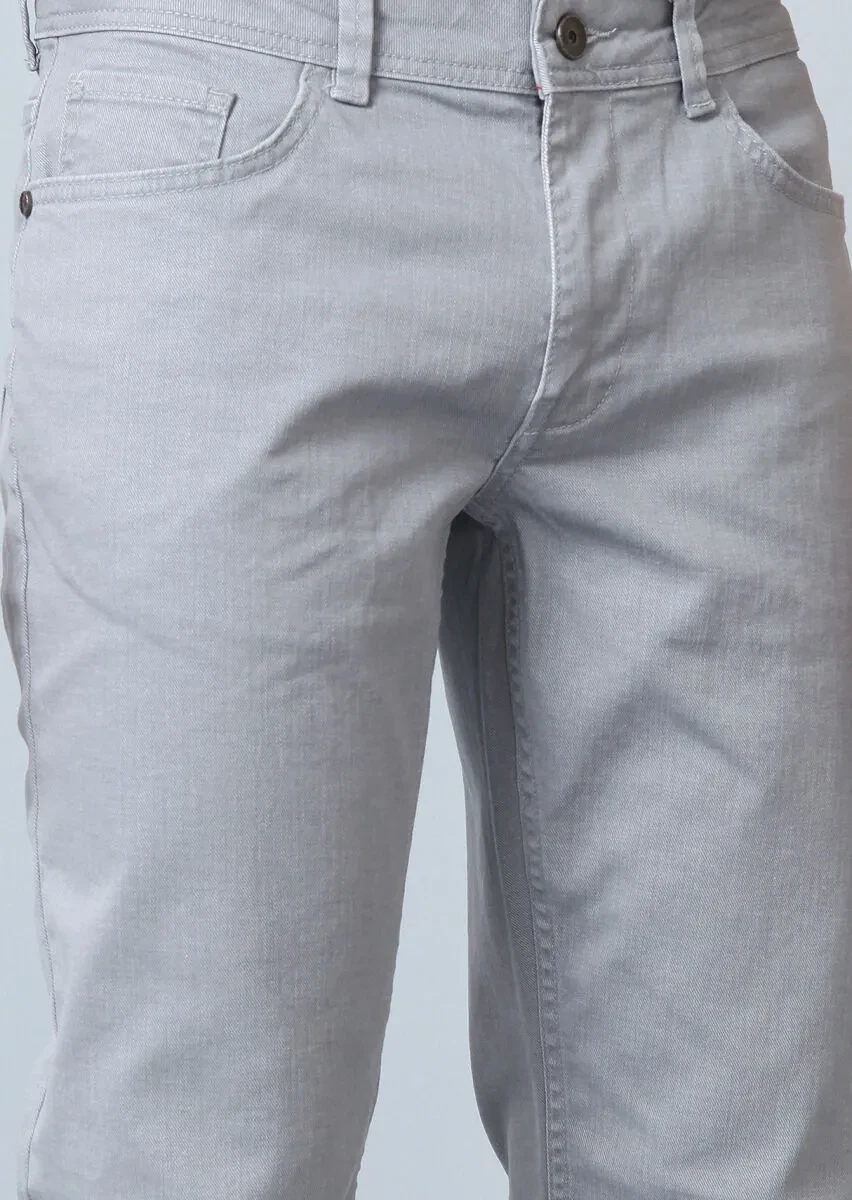 Açık Gri Düz Slim Fit Denim Pamuk Karışımlı Pantolon - 2