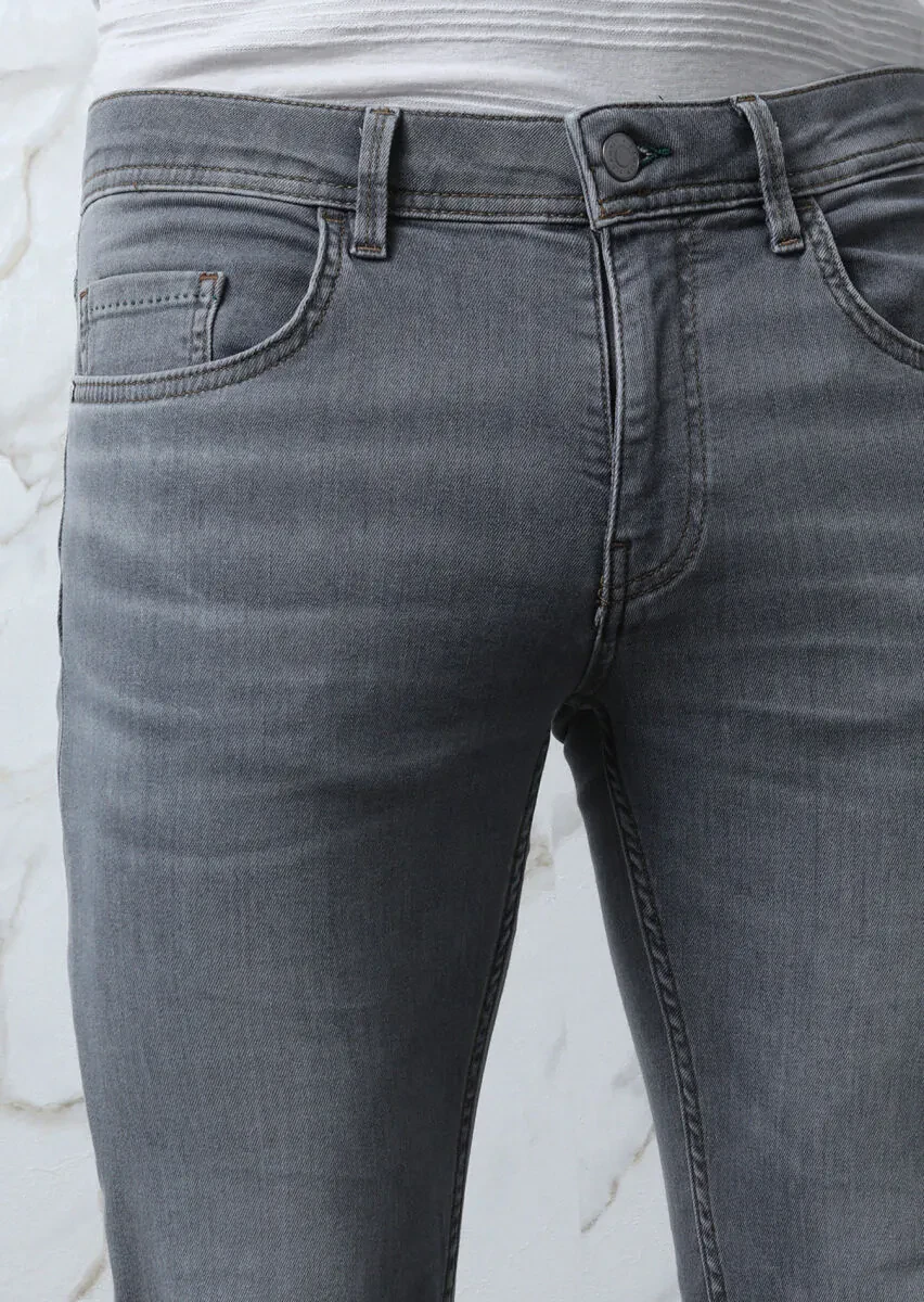 Açık Gri Düz Slim Fit Denim Pamuk Karışımlı Pantolon - 1