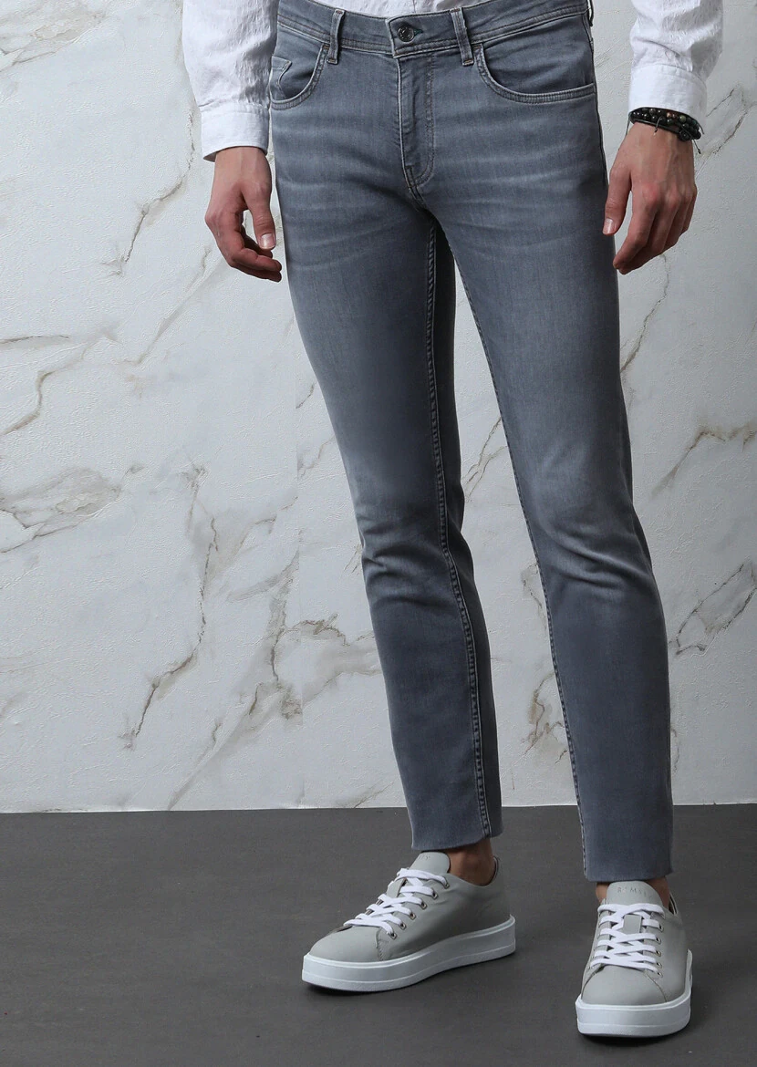 Açık Gri Düz Slim Fit Denim Pamuk Karışımlı Pantolon - 2