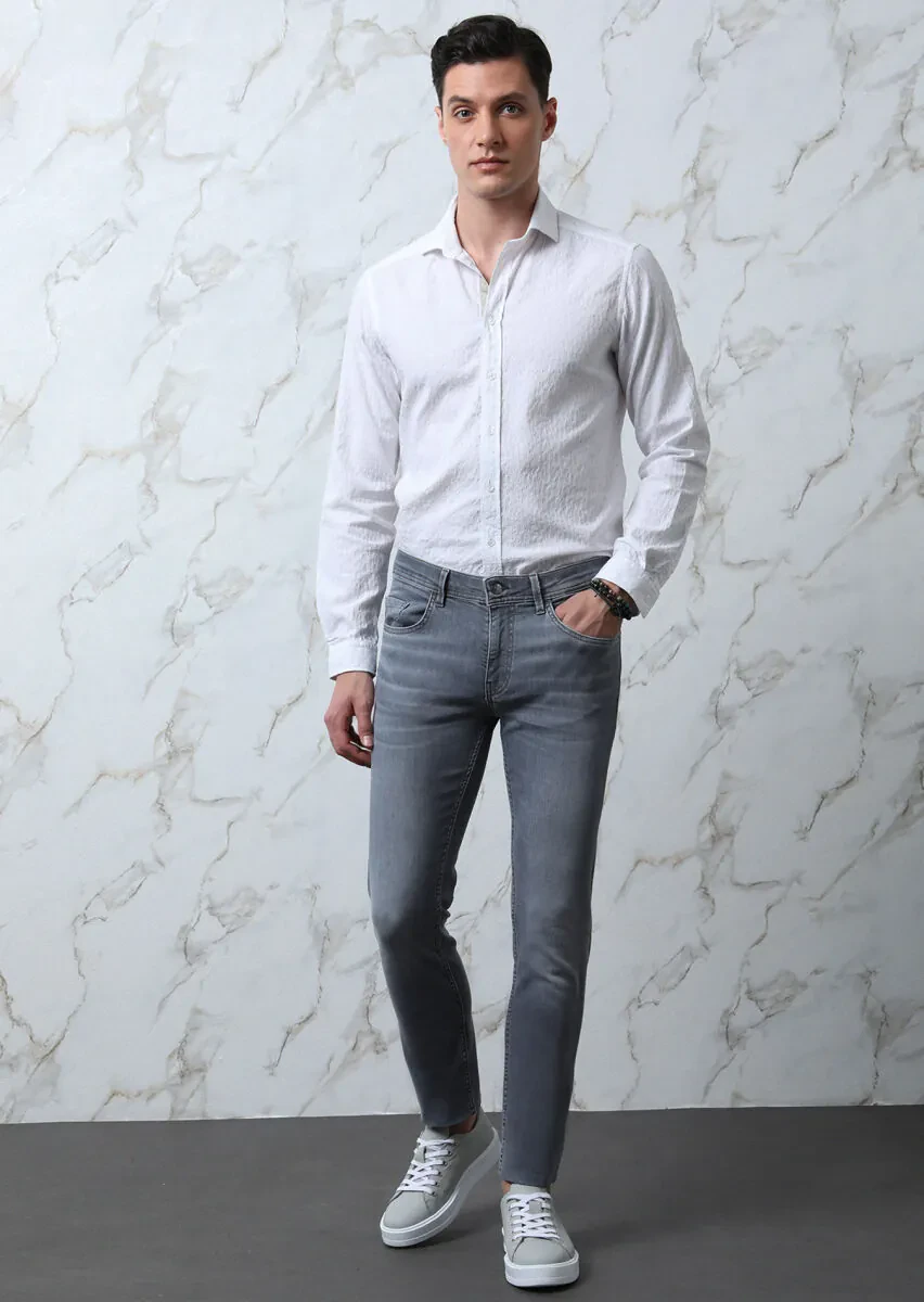 Açık Gri Düz Slim Fit Denim Pamuk Karışımlı Pantolon - 3