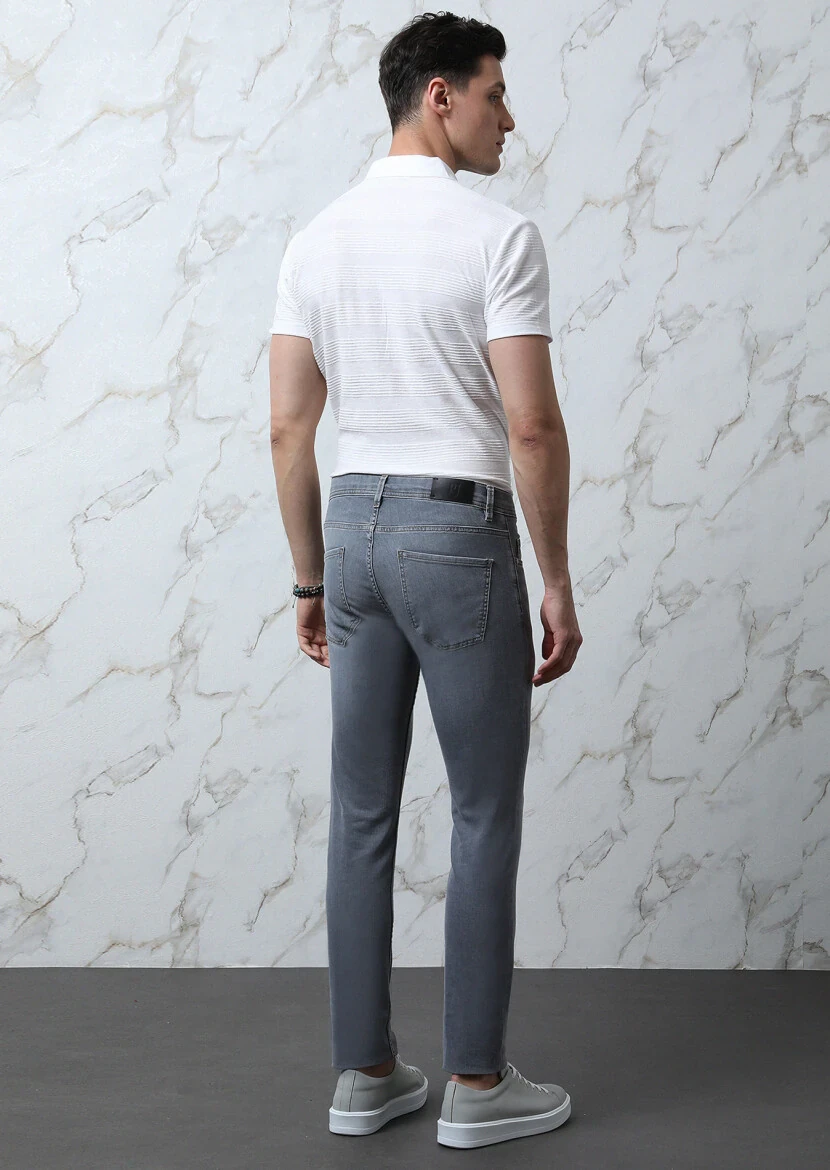 Açık Gri Düz Slim Fit Denim Pamuk Karışımlı Pantolon - 5