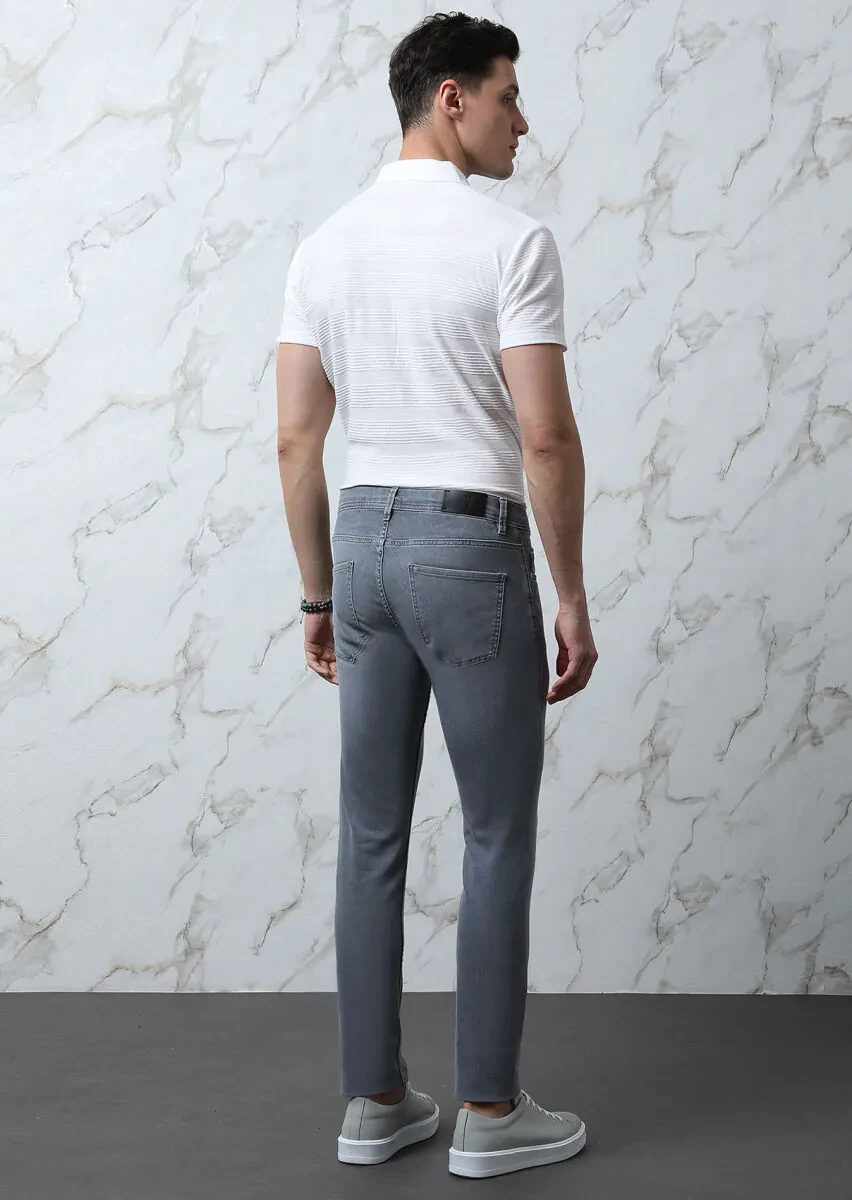 Açık Gri Düz Slim Fit Denim Pamuk Karışımlı Pantolon - 5