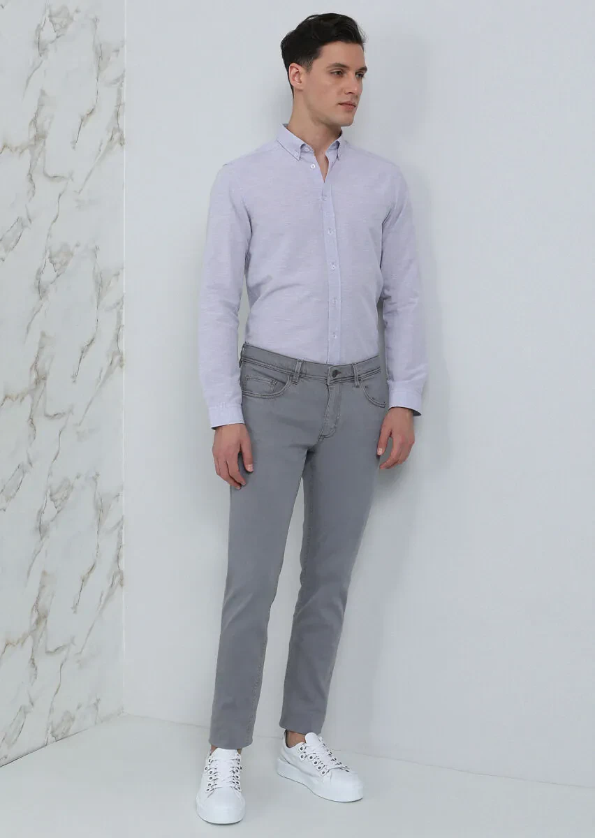Açık Gri Düz Slim Fit Denim Pamuk Karışımlı Pantolon - 4