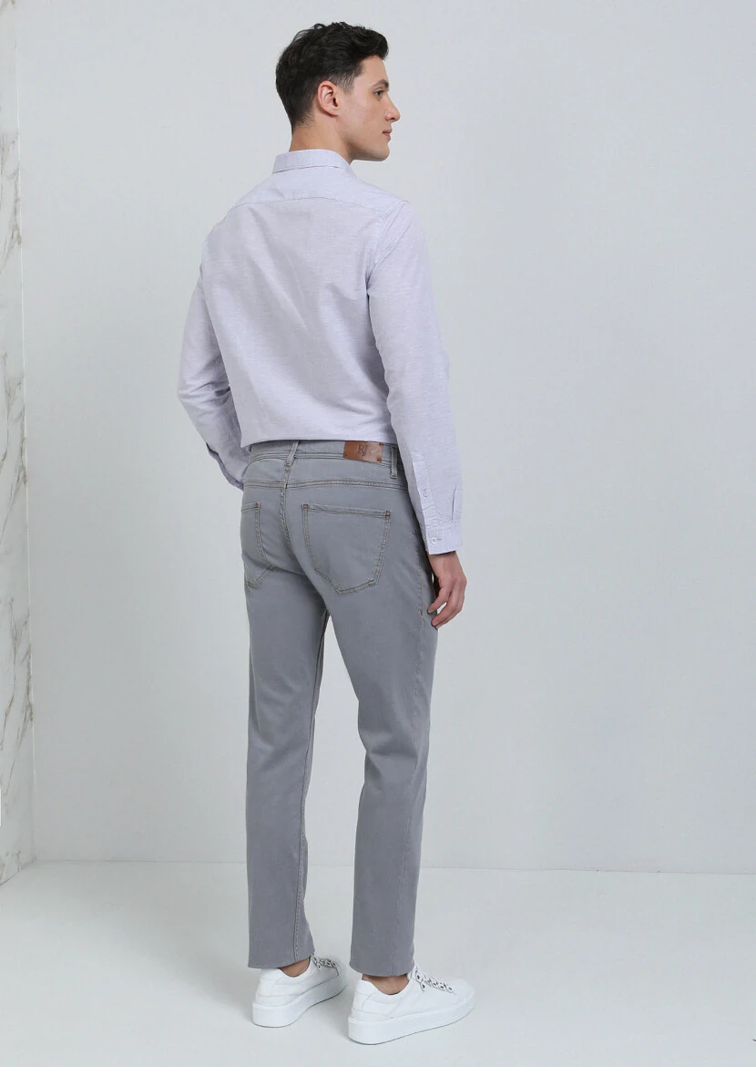 Açık Gri Düz Slim Fit Denim Pamuk Karışımlı Pantolon - 5