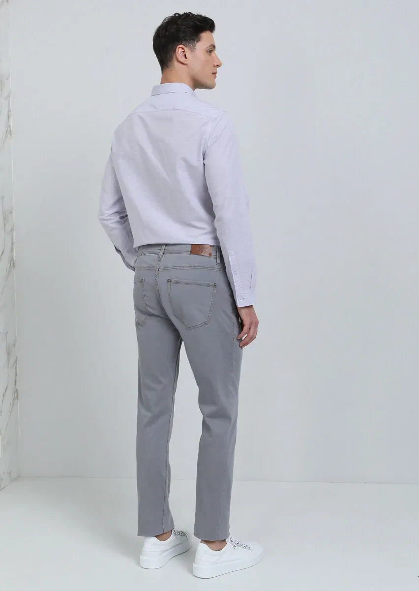 Açık Gri Düz Slim Fit Denim Pamuk Karışımlı Pantolon - 5