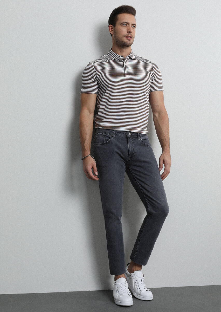 Açık Gri Düz Slim Fit Denim Pamuk Karışımlı Pantolon - 4