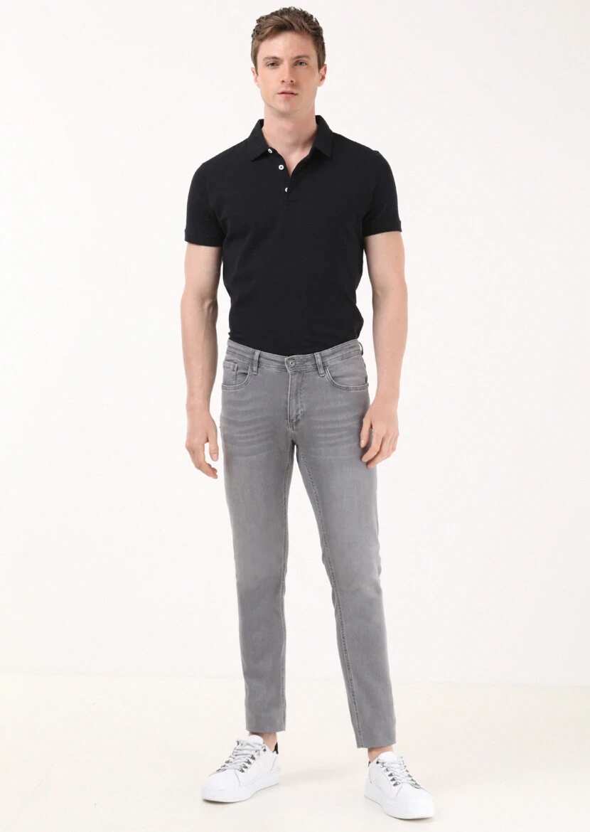 Açık Gri Düz Slim Fit Denim Pamuk Karışımlı Pantolon - 1