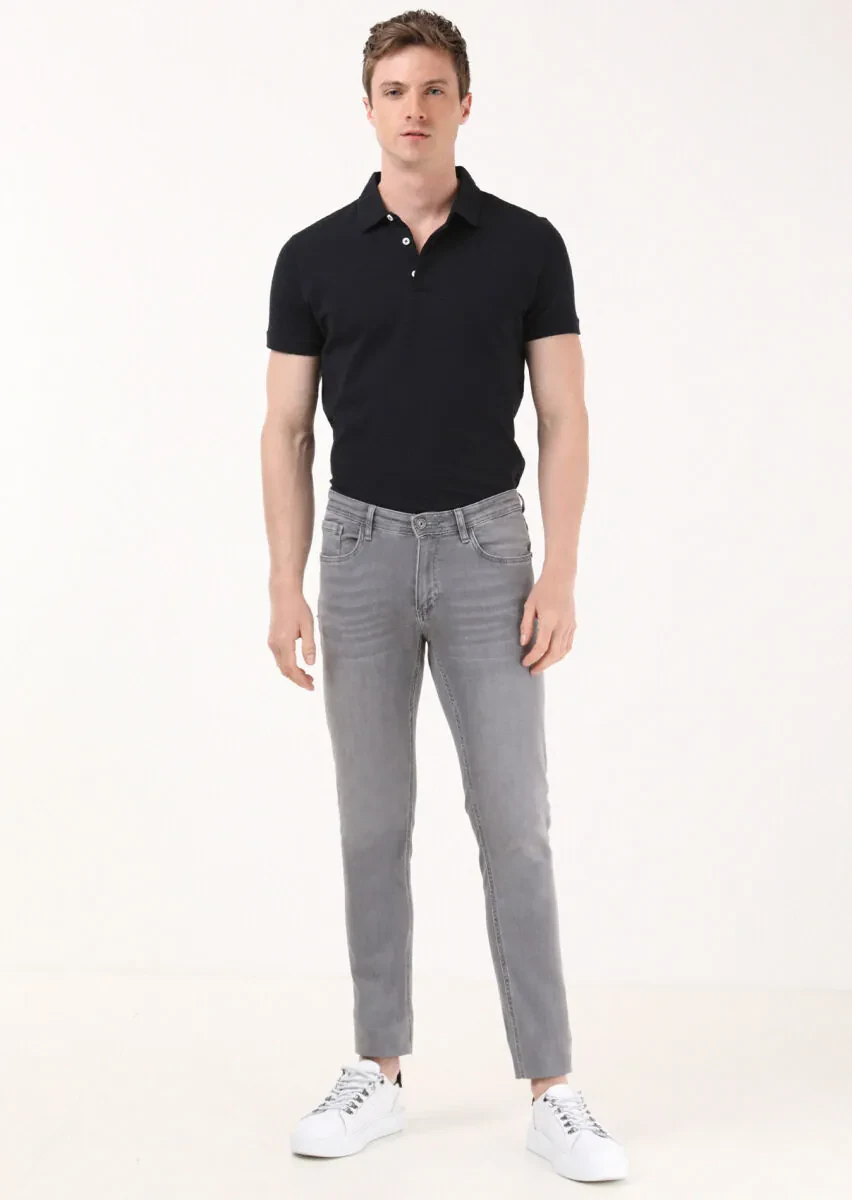Açık Gri Düz Slim Fit Denim Pamuk Karışımlı Pantolon - 1