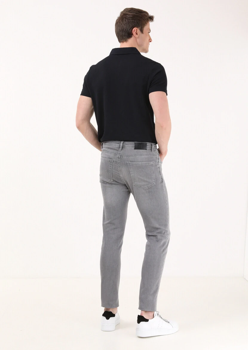 Açık Gri Düz Slim Fit Denim Pamuk Karışımlı Pantolon - 4