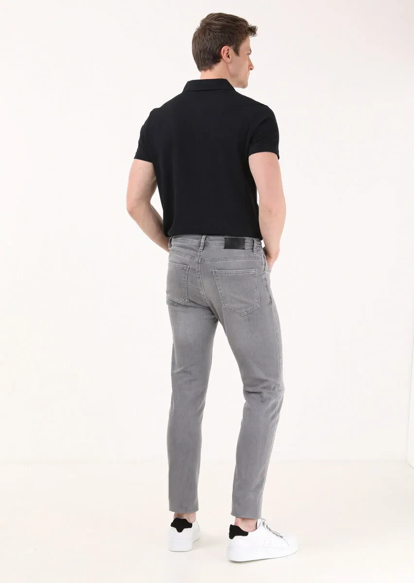 Açık Gri Düz Slim Fit Denim Pamuk Karışımlı Pantolon - 4