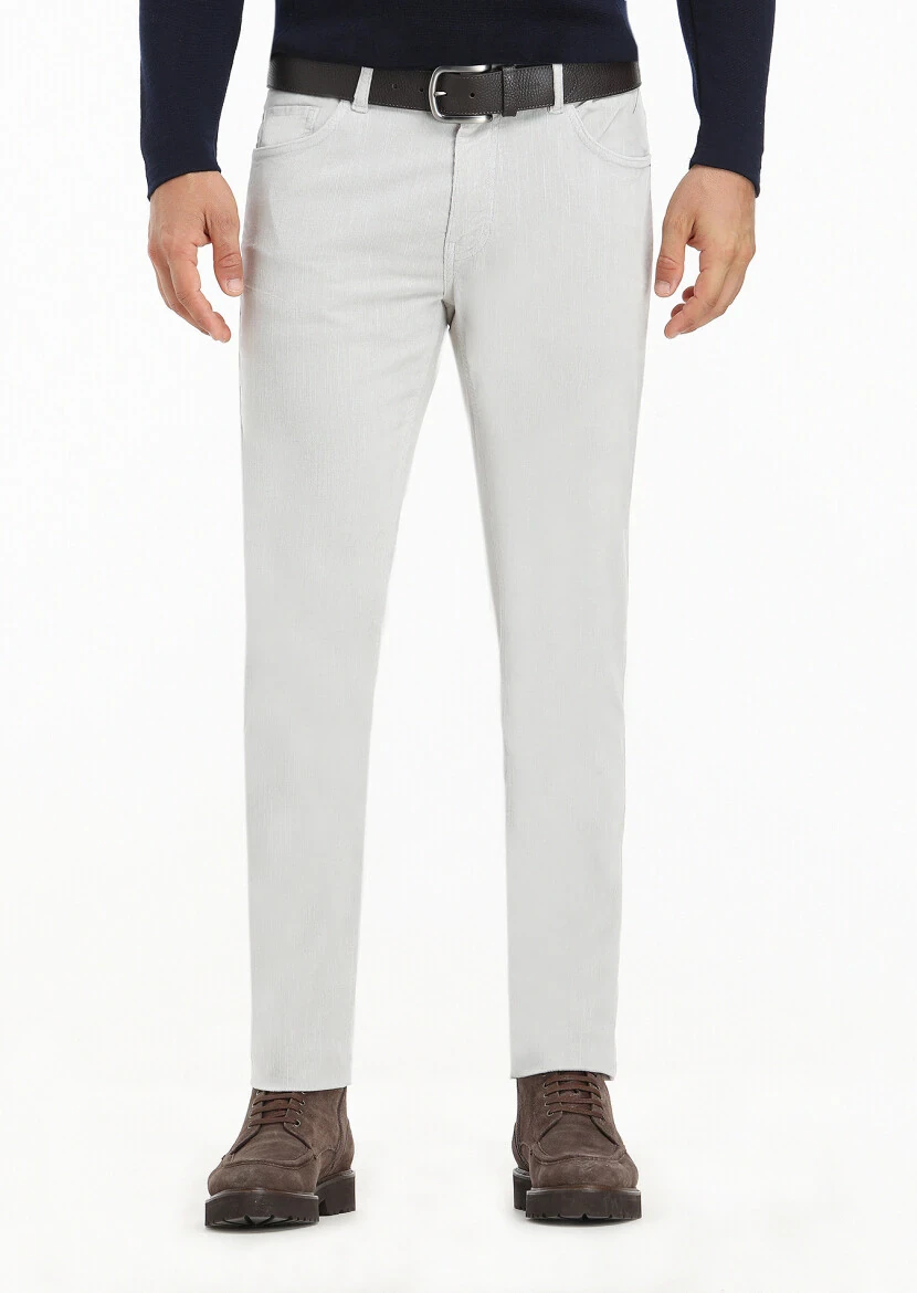 Açık Gri Fitilli Dokuma Slim Fit Kadife Casual Pamuk Karışımlı Pantolon - 2