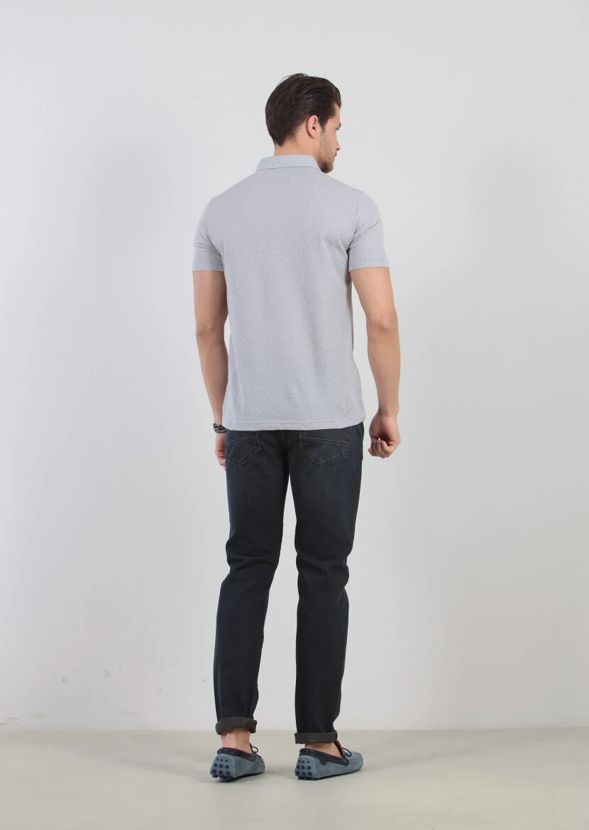 Açık Gri Jakarlı Polo Yaka %100 Pamuk T-Shirt - 5