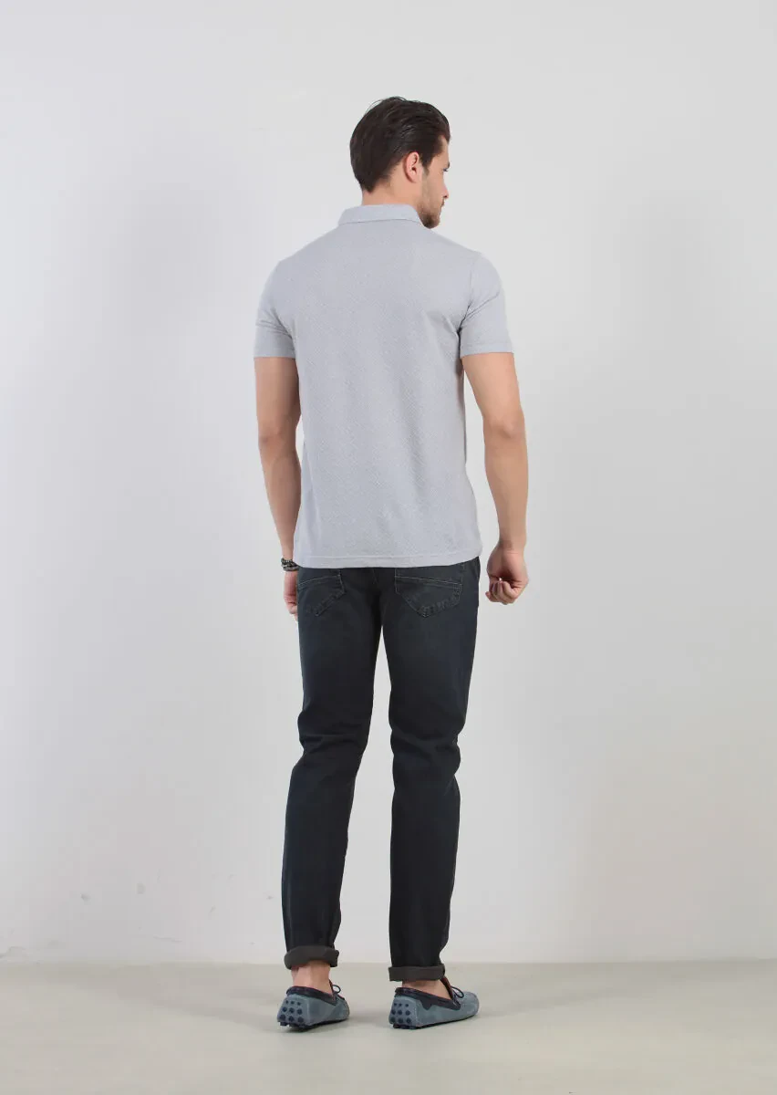 Açık Gri Jakarlı Polo Yaka %100 Pamuk T-Shirt - 5