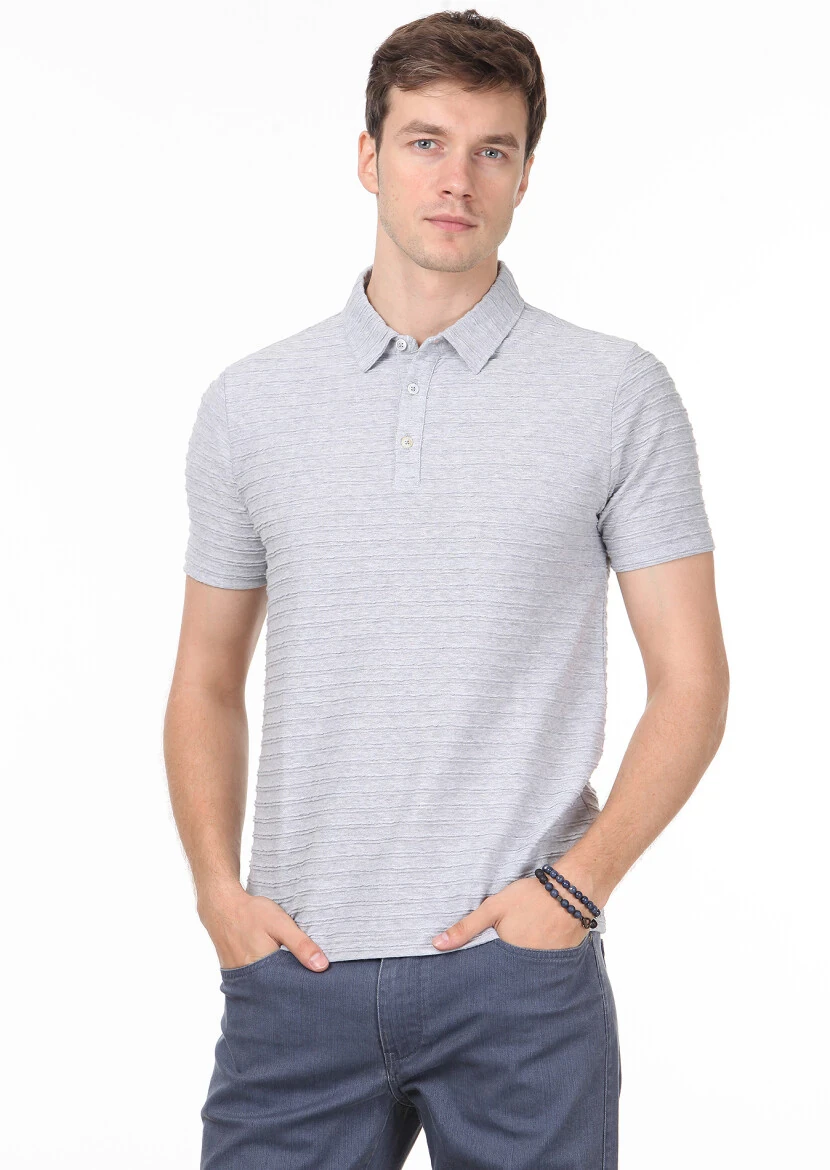 Açık Gri Jakarlı Polo Yaka %100 Pamuk T-Shirt - 3