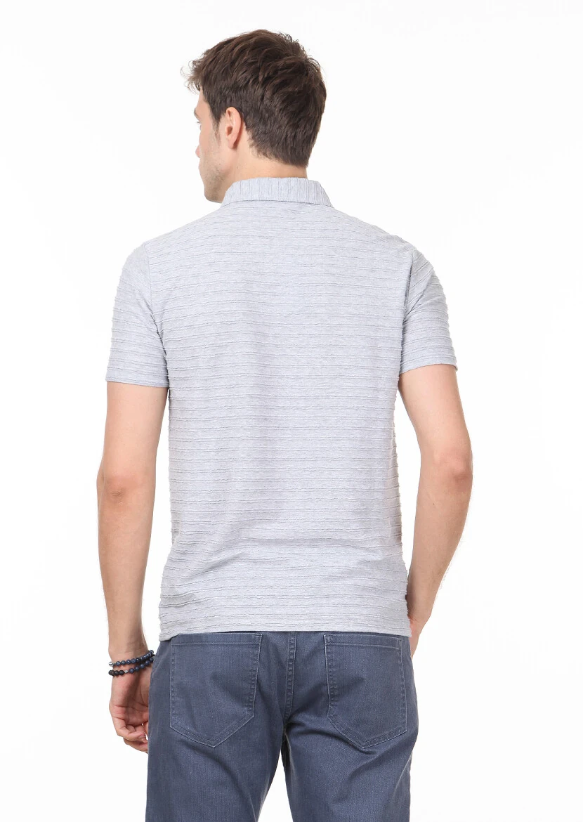 Açık Gri Jakarlı Polo Yaka %100 Pamuk T-Shirt - 4