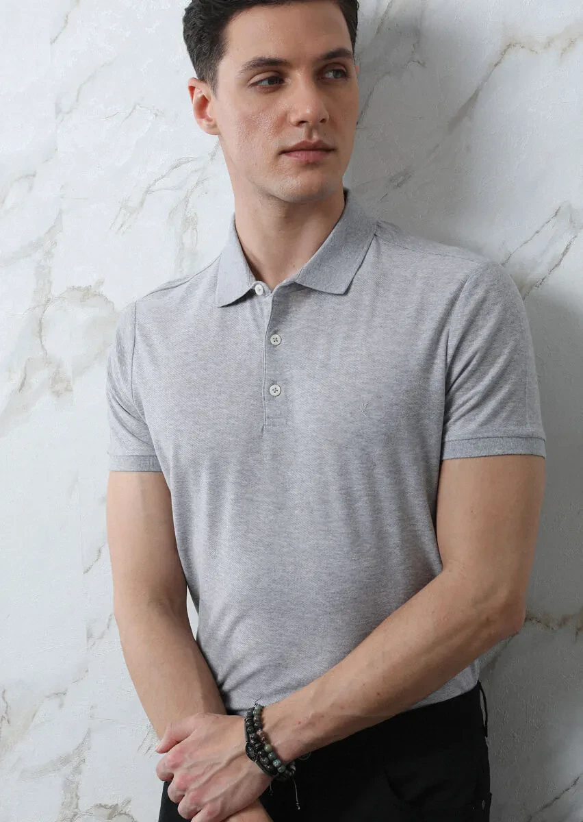 Açık Gri Jakarlı Polo Yaka %100 Pamuk T-Shirt - 3