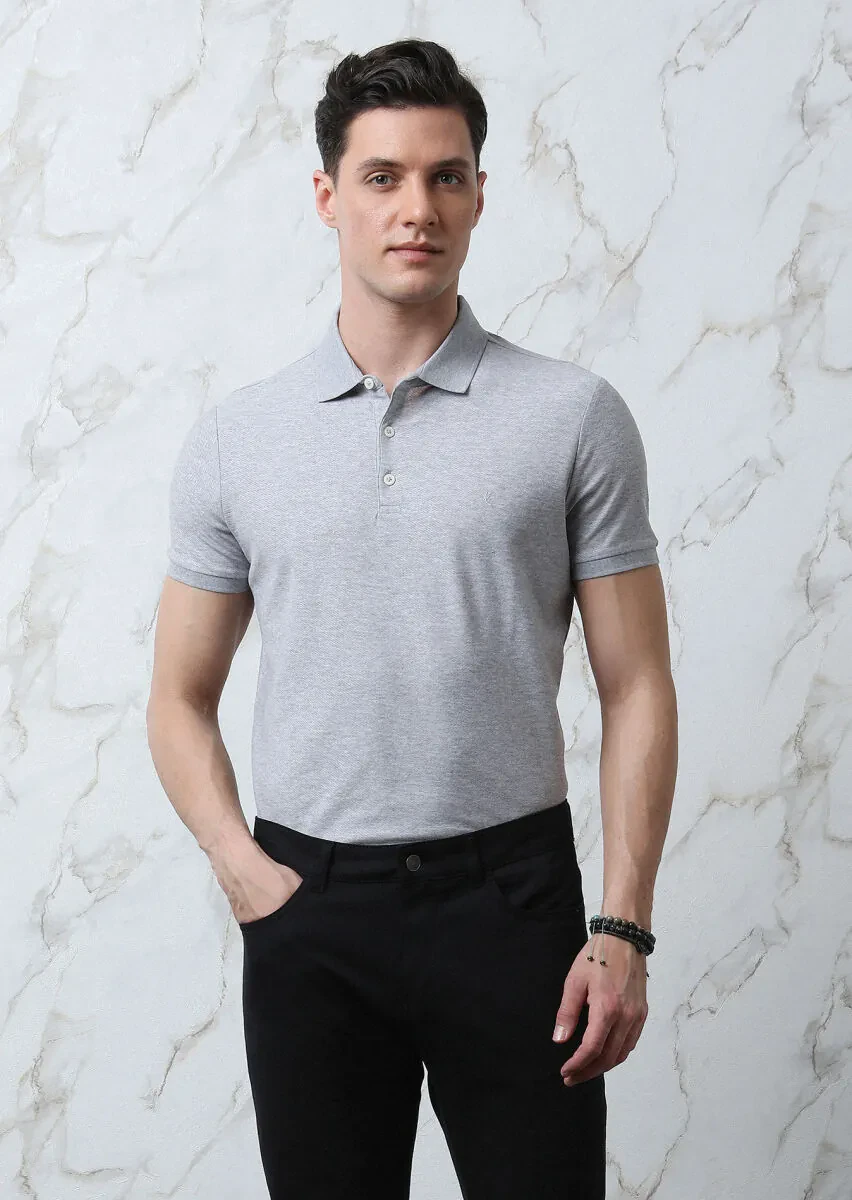 Açık Gri Jakarlı Polo Yaka %100 Pamuk T-Shirt - 4