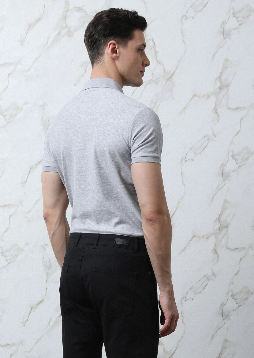 Açık Gri Jakarlı Polo Yaka %100 Pamuk T-Shirt - 5