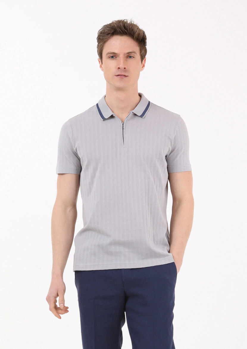 Açık Gri Jakarlı Polo Yaka %100 Pamuk T-Shirt - 1
