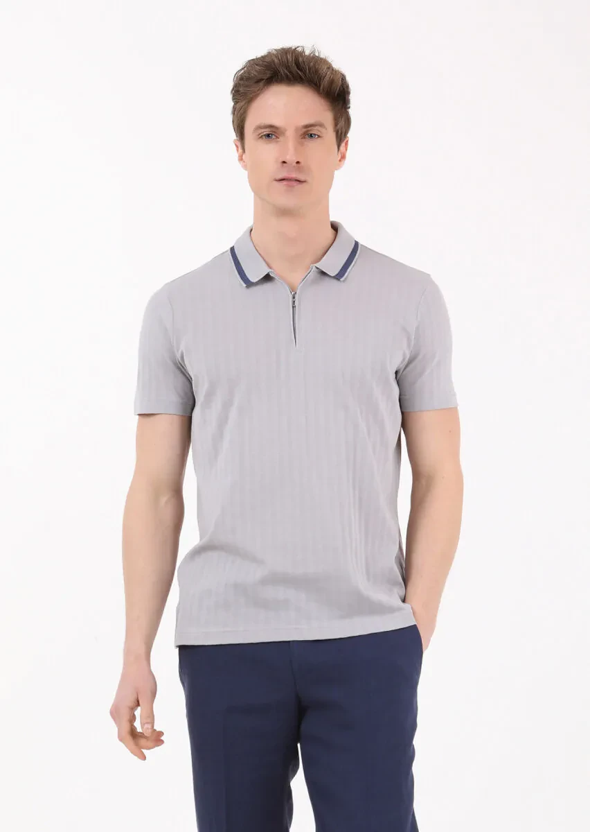 Açık Gri Jakarlı Polo Yaka %100 Pamuk T-Shirt - 1