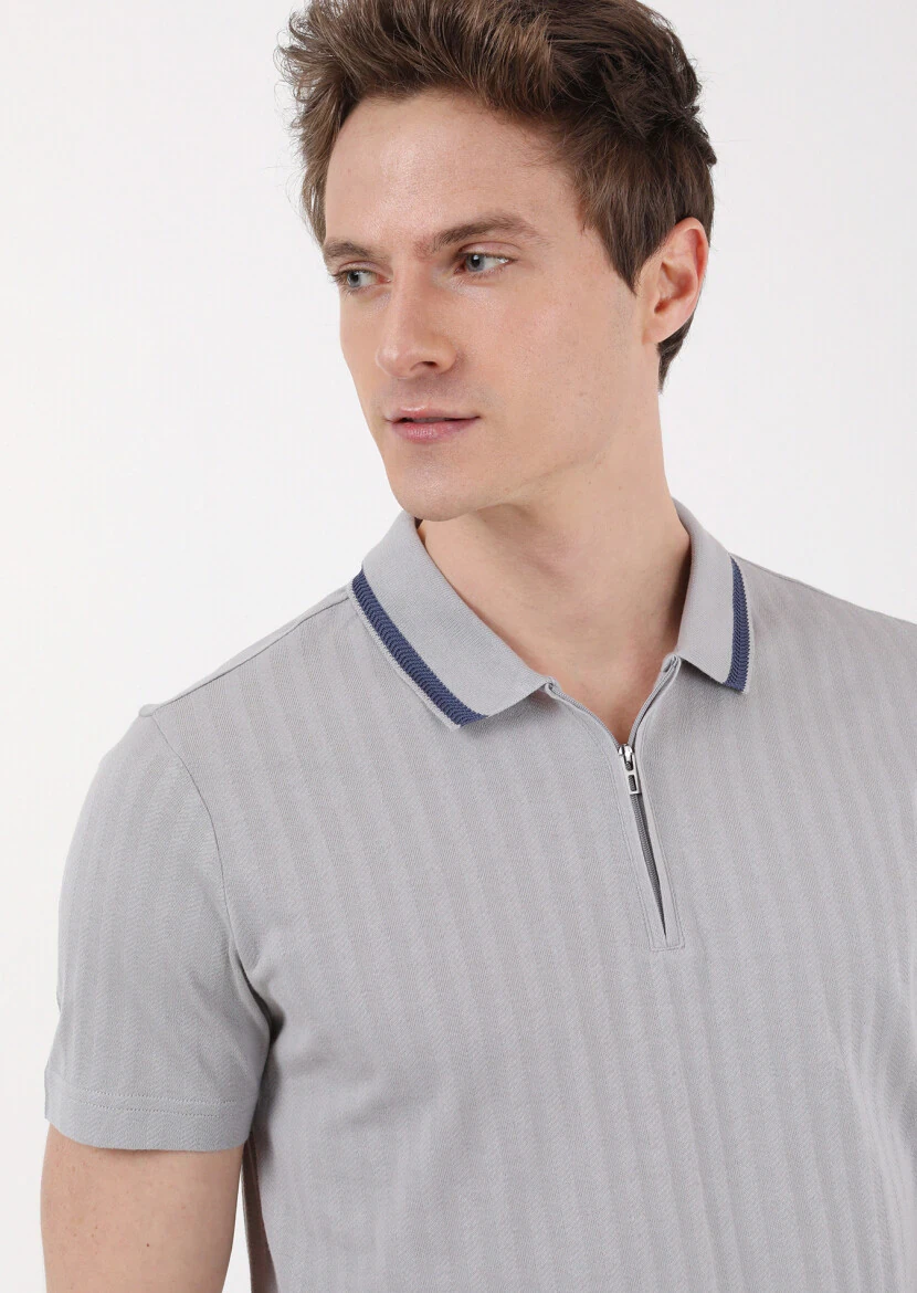 Açık Gri Jakarlı Polo Yaka %100 Pamuk T-Shirt - 3
