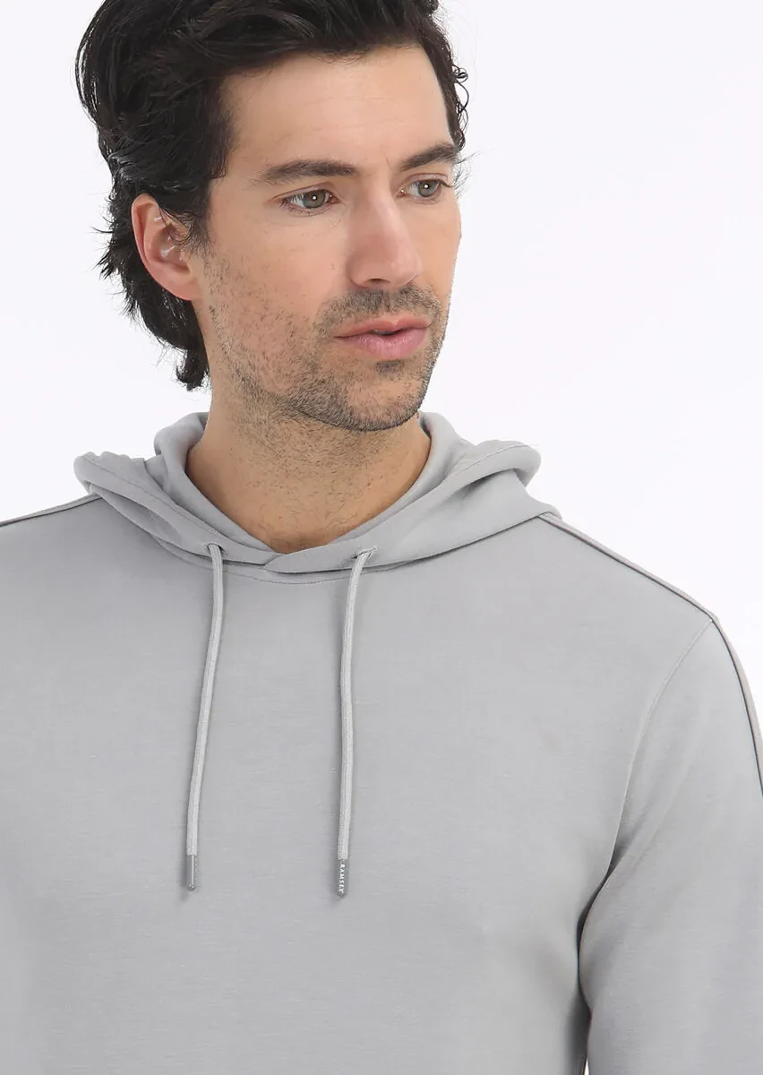 Açık Gri Kapüşonlu Düz Sweatshırt - 3