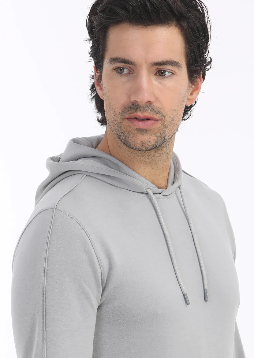 Açık Gri Kapüşonlu Düz Sweatshırt - 4