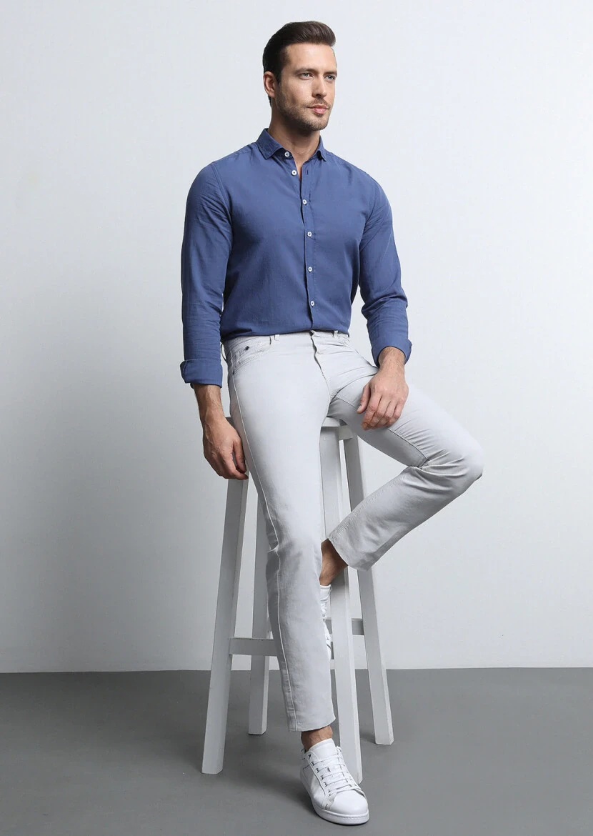 Açık Gri Mikro Dokuma Slim Fit Casual Pamuk Karışımlı Pantolon - 1